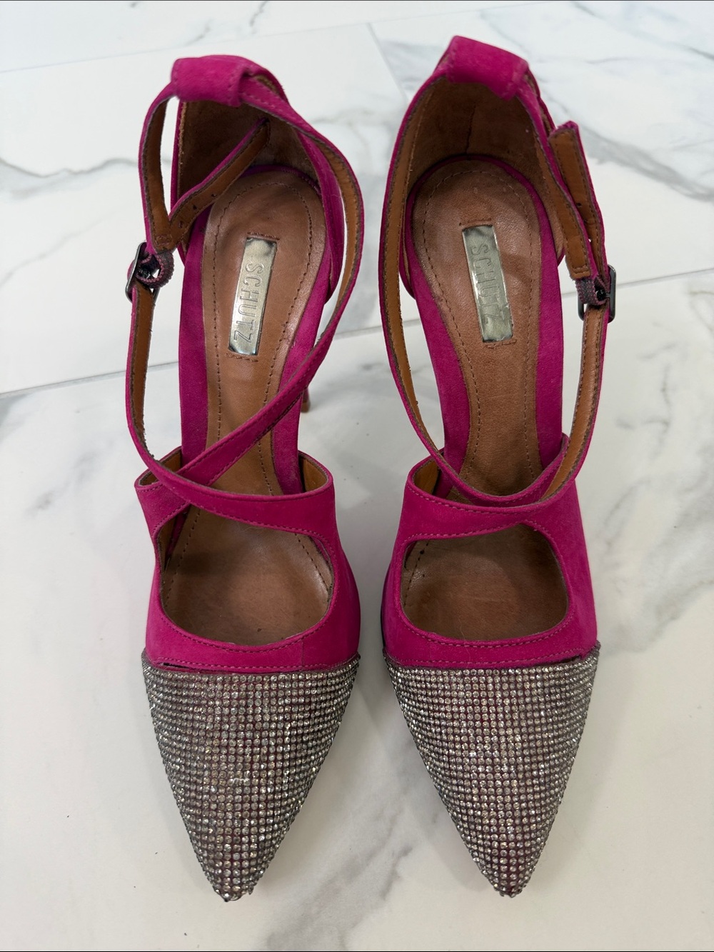 SCHUTZ  Fuchsia Salto Alto Pointed Toe Crystal-Embellished Ankle Strap Heels